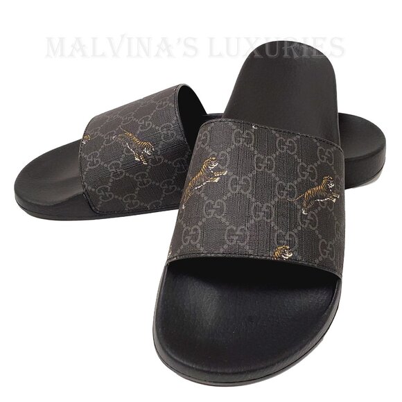 GUCCI SHOES MENS GG SUPREME CANVAS LOGO TIGER SLIDES SANDALS Size 9/ US 9.5 - Picture 3 of 15